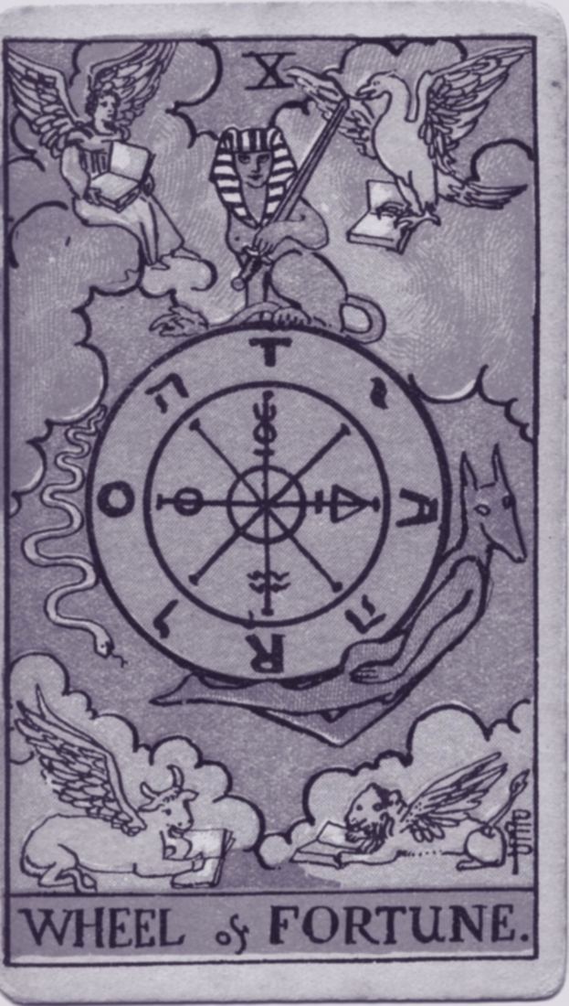 The Wheel of Fortune: Rider-Waite tarot card by Pamela Colman Smith, 1909